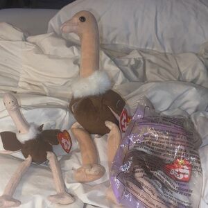 Ty Brown and Cream Ostrich Plush trio, rare. One still in bag.